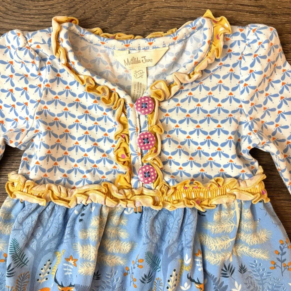 Matilda Jane (Make Believe) Hearth & Home Dress Ruffles Deer Buttons Size 12-18m